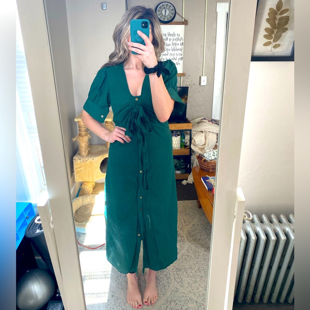 EUC Emerald green tie-front midi / maxi dress - Picture 2 of 8